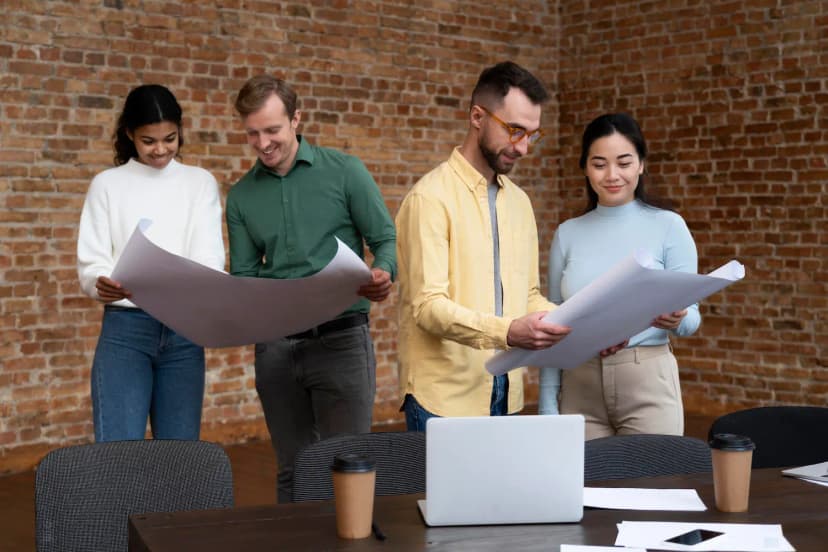 Whole team planning a project in a meeting room